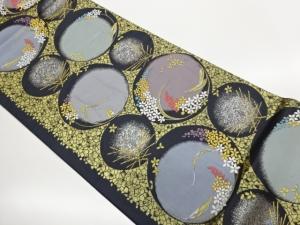 丸文に草葉模様織出し袋帯